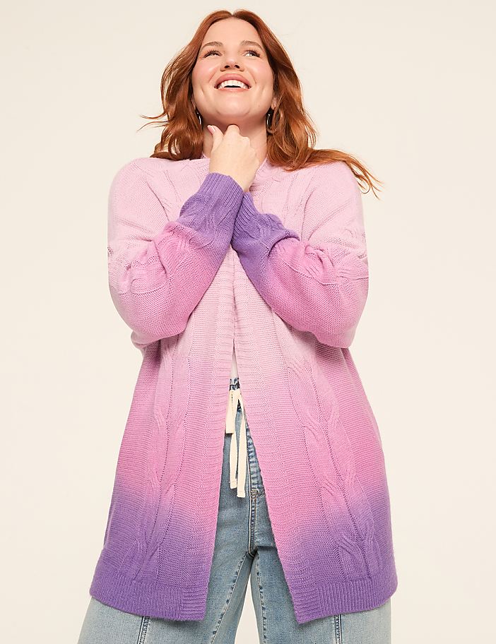Long-Sleeve Open-Front Dip-Dye Cardigan