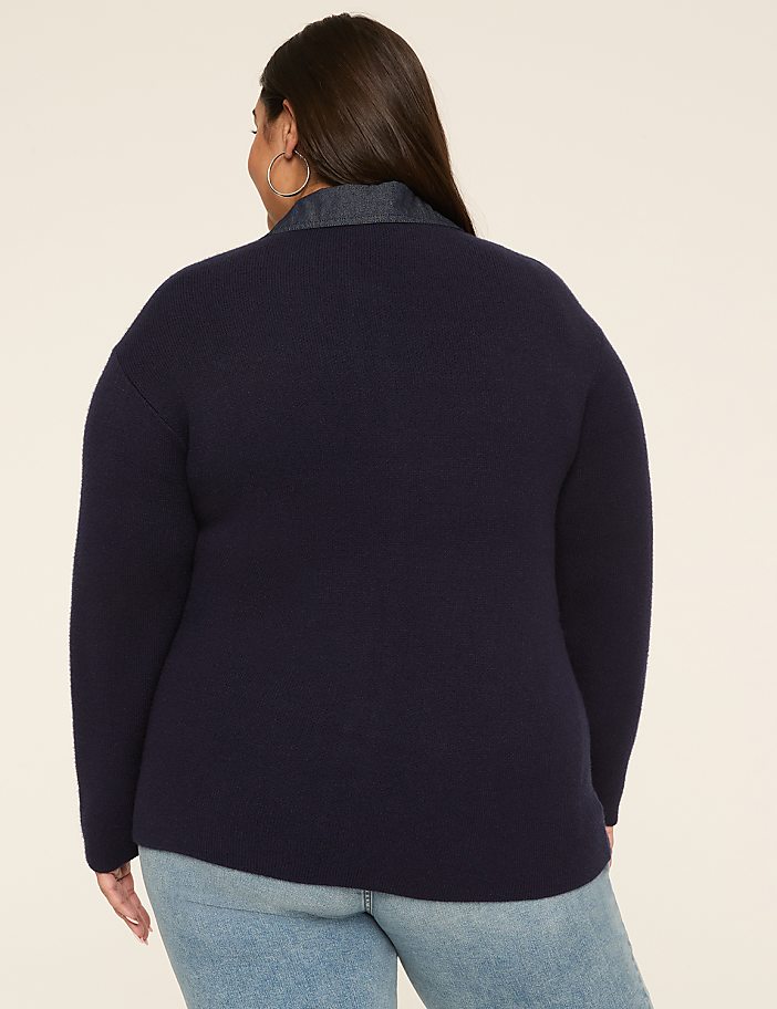 Denim-Trim Button-Front Cardigan
