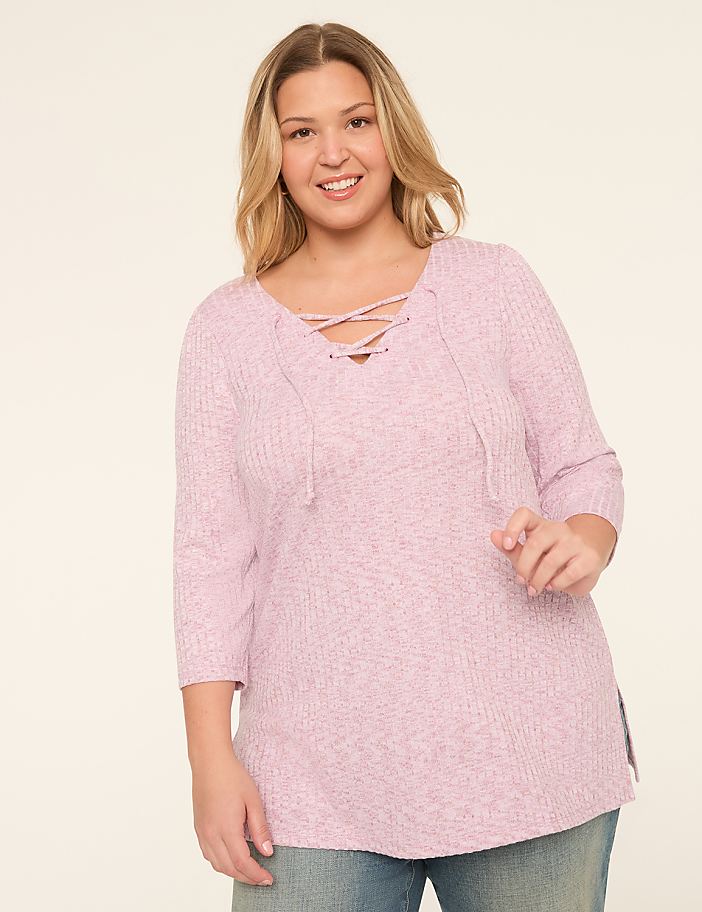 3/4-Sleeve V-Neck Lace-Up Top