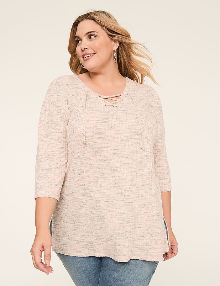 3/4-Sleeve V-Neck Lace-Up Top