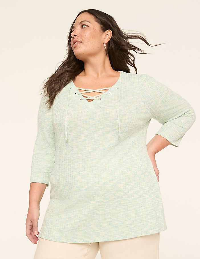 3/4-Sleeve V-Neck Lace-Up Top