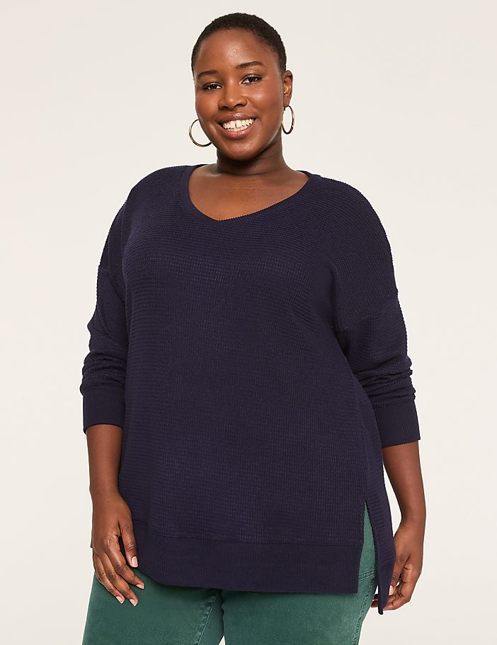 Long-Sleeve V-Neck Waffle Knit Top