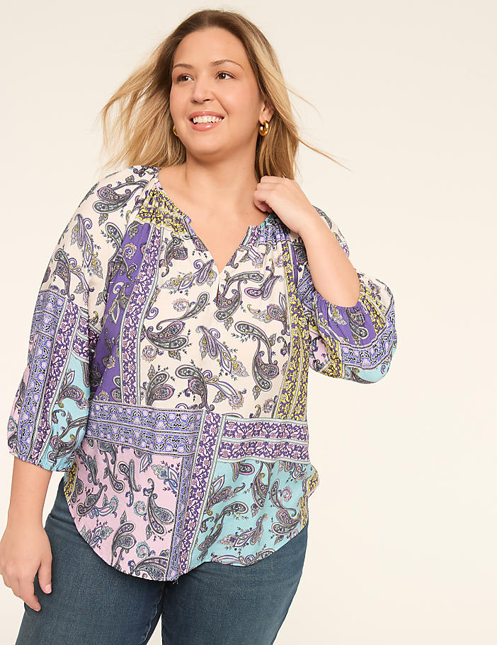 3/4-Sleeve Popover Blouse