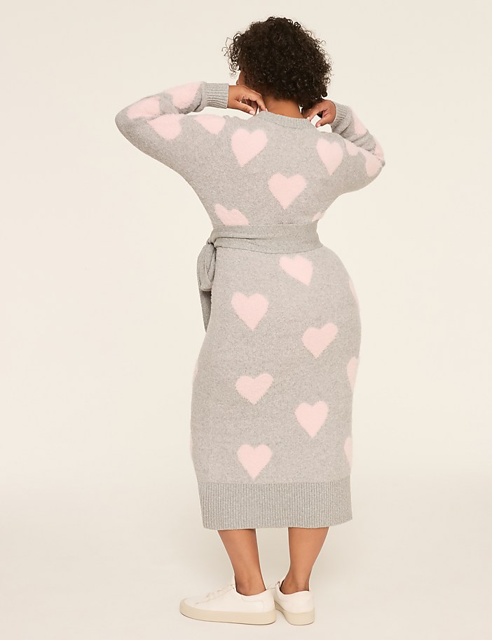 Textured Heart Print Midi Sweater Dress