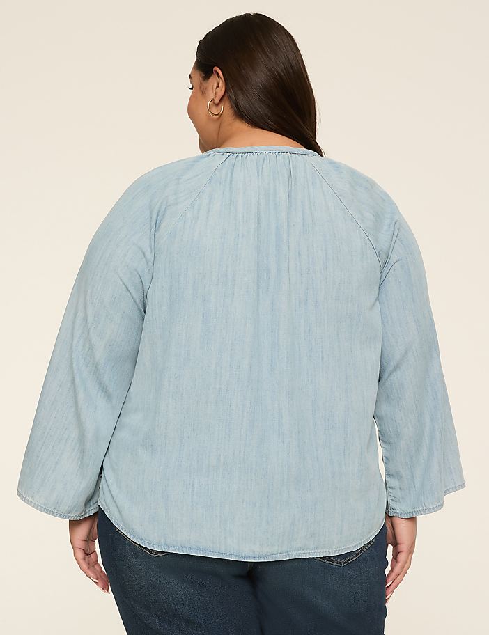 Split-Neck Bracelet Sleeve Denim Blouse