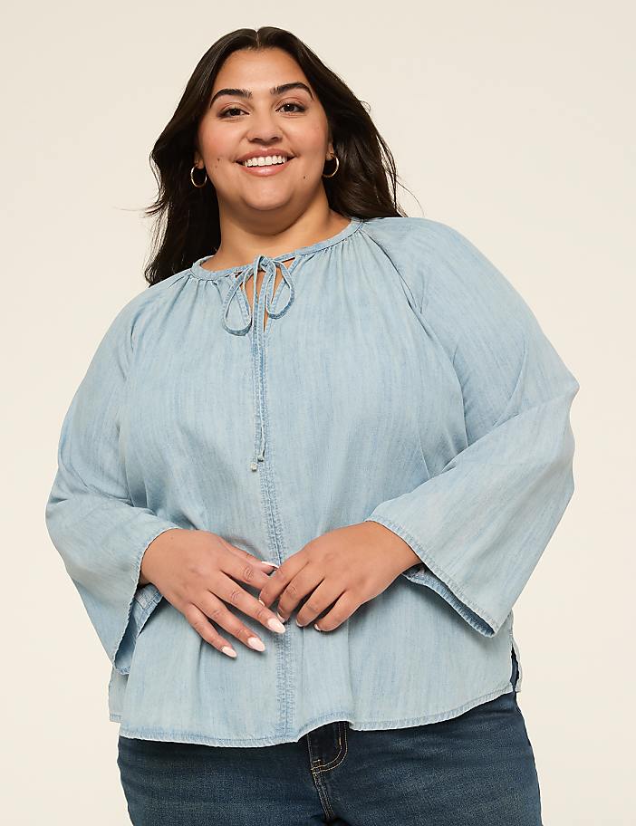 Split-Neck Bracelet Sleeve Denim Blouse