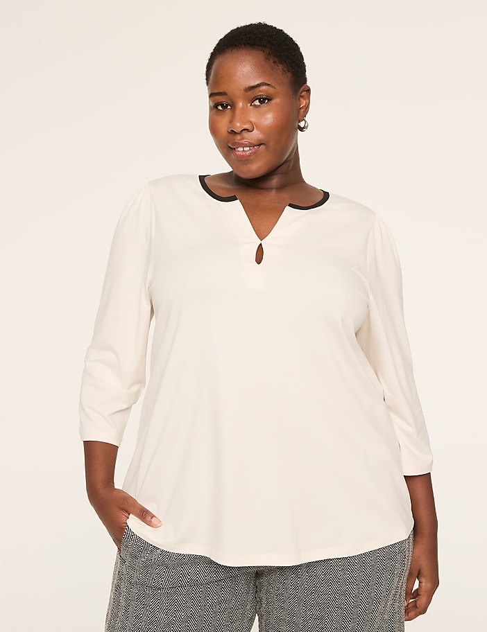 3/4-Sleeve Notch-Neck Keyhole Tee