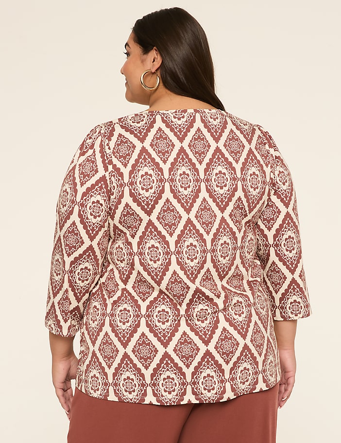 3/4-Sleeve Notch-Neck Keyhole Tee