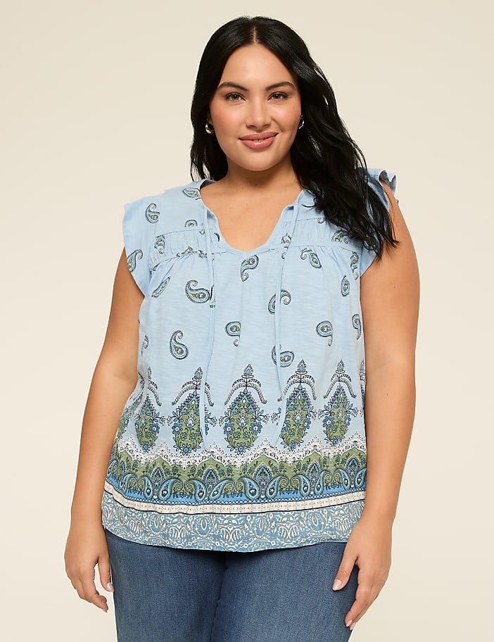 Flutter-Sleeve Tie-Neck Top