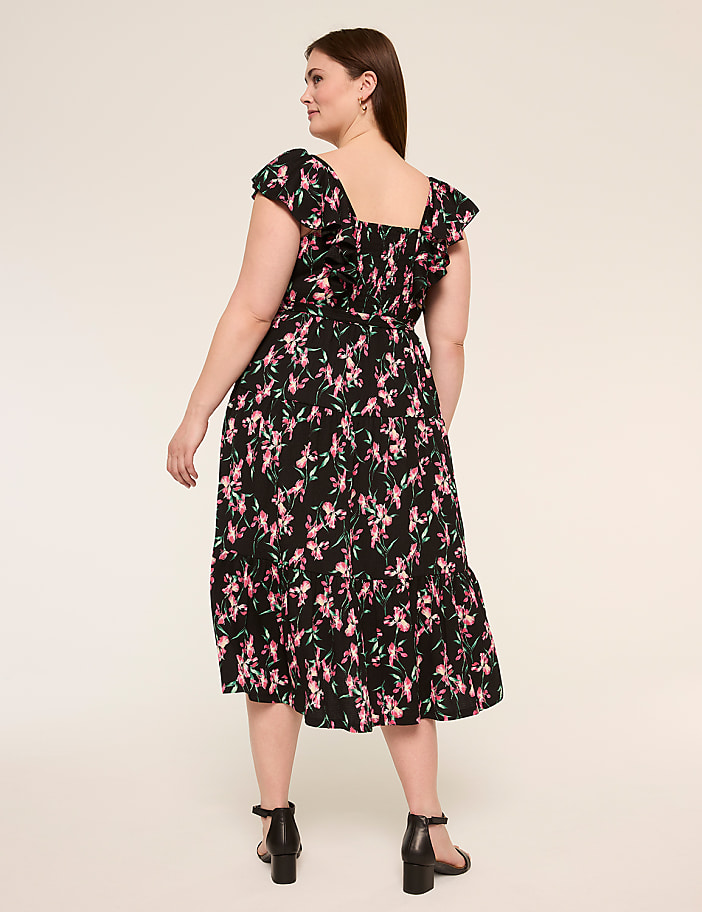 Short-Sleeve Ruffle Tie Waist Midi Dress