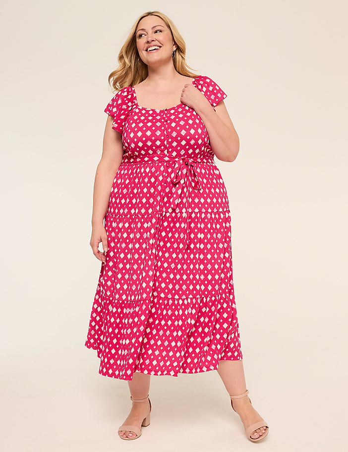 Short-Sleeve Ruffle Tie Waist Midi Dress