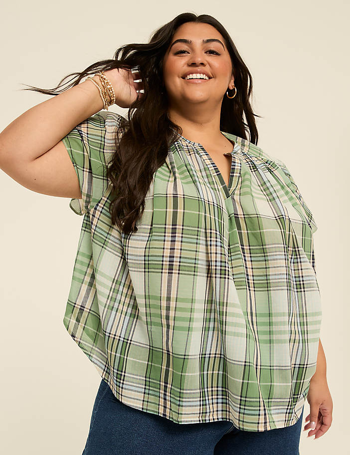 Notch-Neck Flutter-Sleeve Popover Top