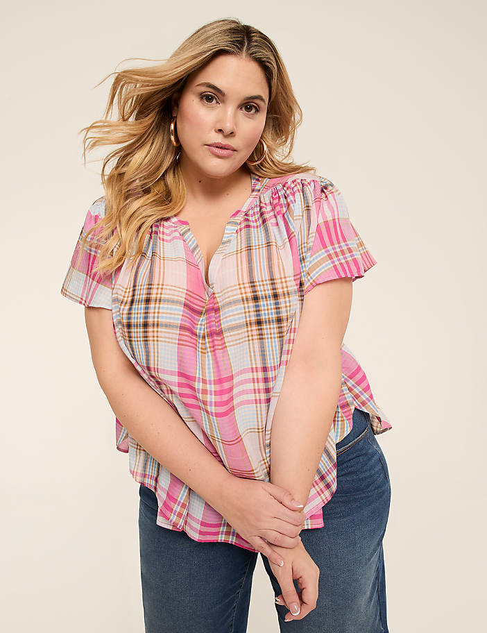 Notch-Neck Flutter-Sleeve Popover Top