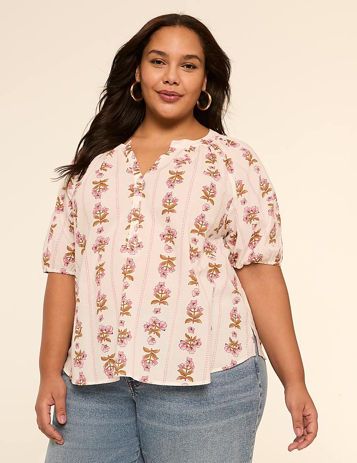 Puff-Sleeve Split-Neck Top