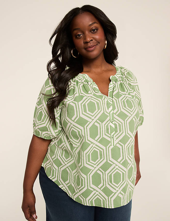 Puff-Sleeve Split-Neck Top