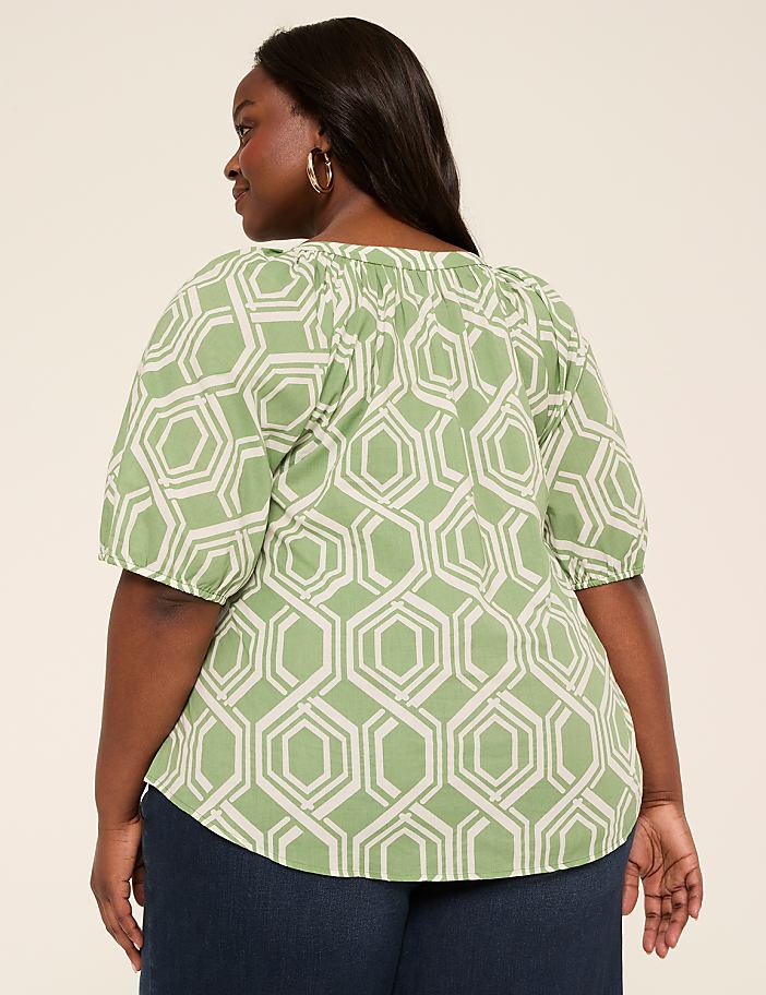 Puff-Sleeve Split-Neck Top
