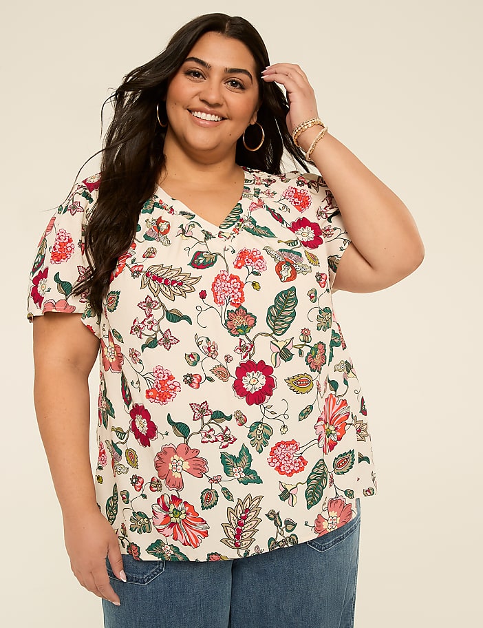Short-Flutter-Sleeve V-Neck Popover Top