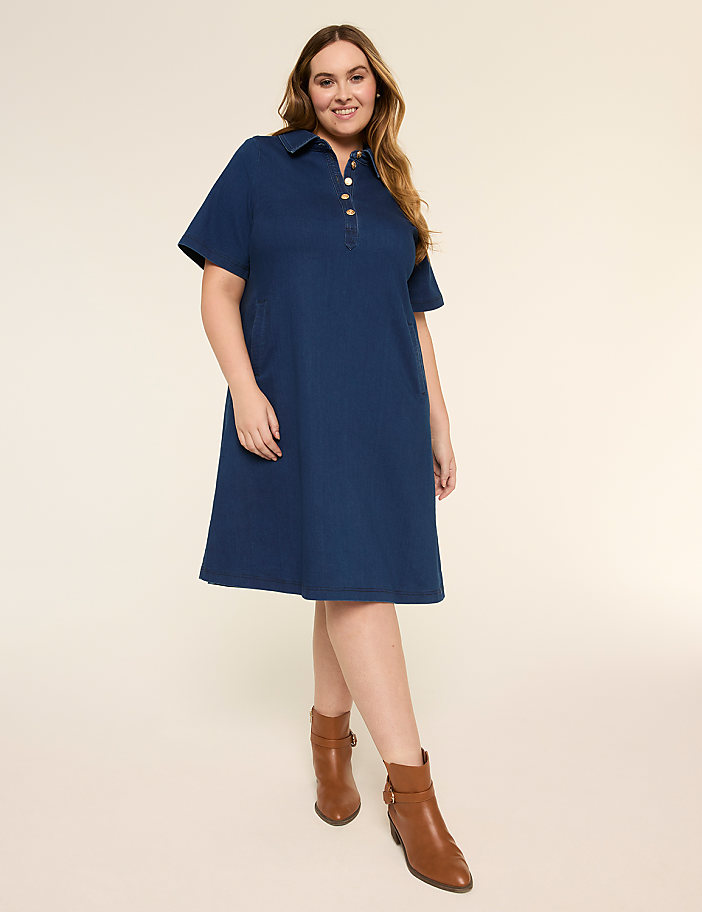 Short-Sleeve Collared Knit Denim Dress