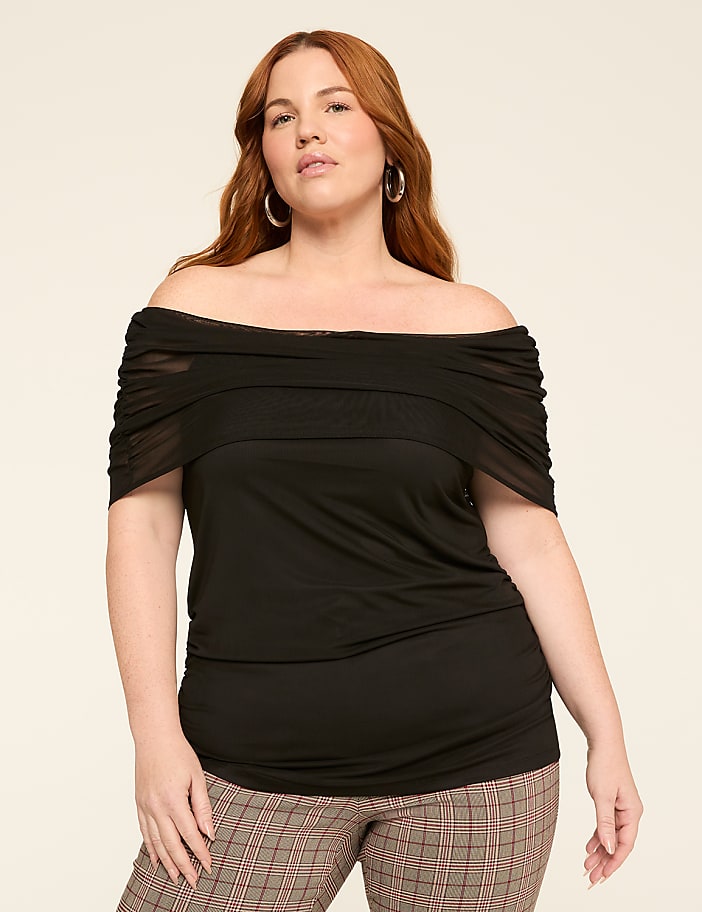 Off-The-Shoulder Side Ruched Mesh Top