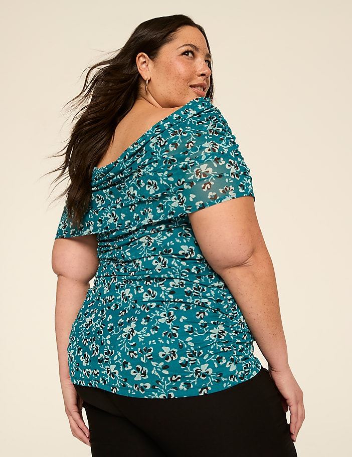 Off-The-Shoulder Side Ruched Mesh Top