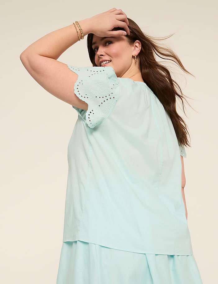 Short-Sleeve Notch-Neck Eyelet Top