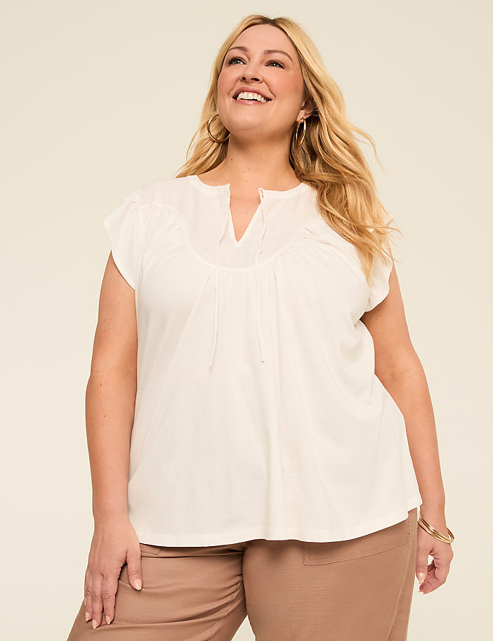 Flutter-Sleeve Woven Yoke Top