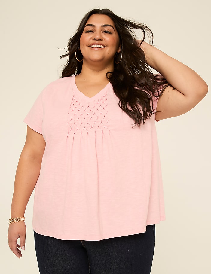 Short-Sleeve V-Neck Smocked Top