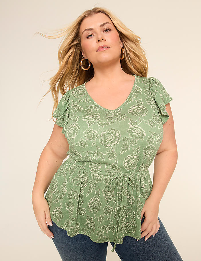 Short-Sleeve V-Neck Tie Waist Top
