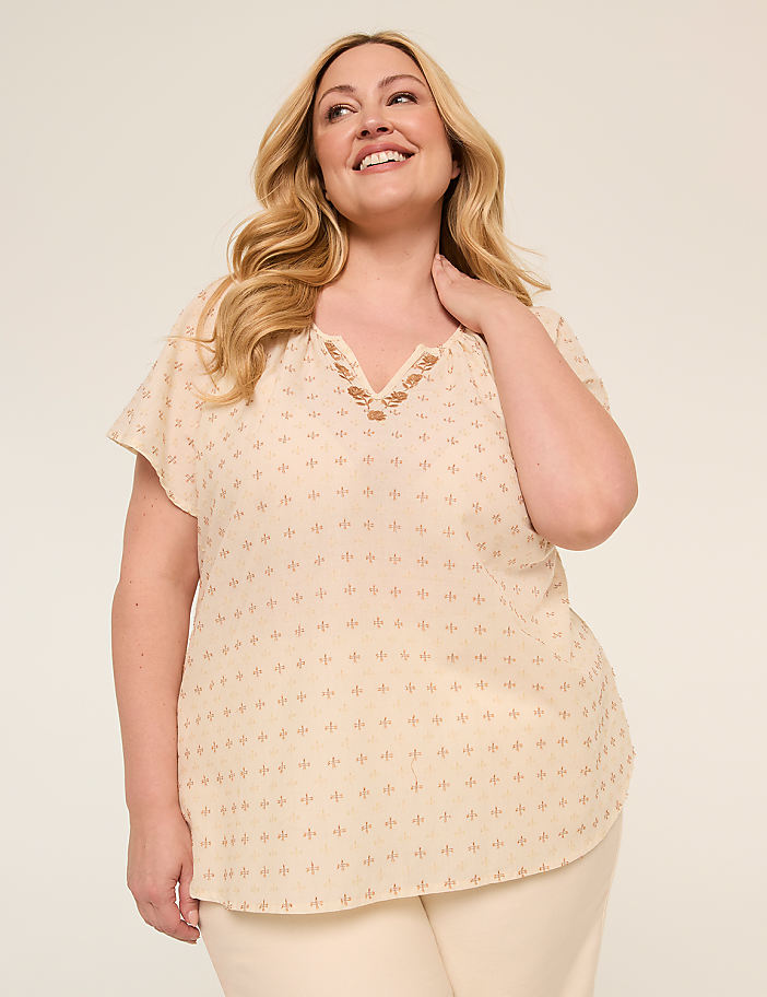 Short-Sleeve Notch-Neck Popover Blouse