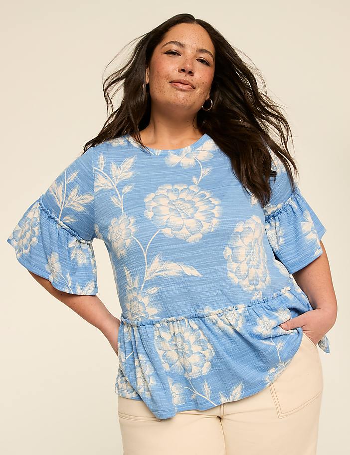 Short-Sleeve Crew-Neck Ruffle Babydoll Top