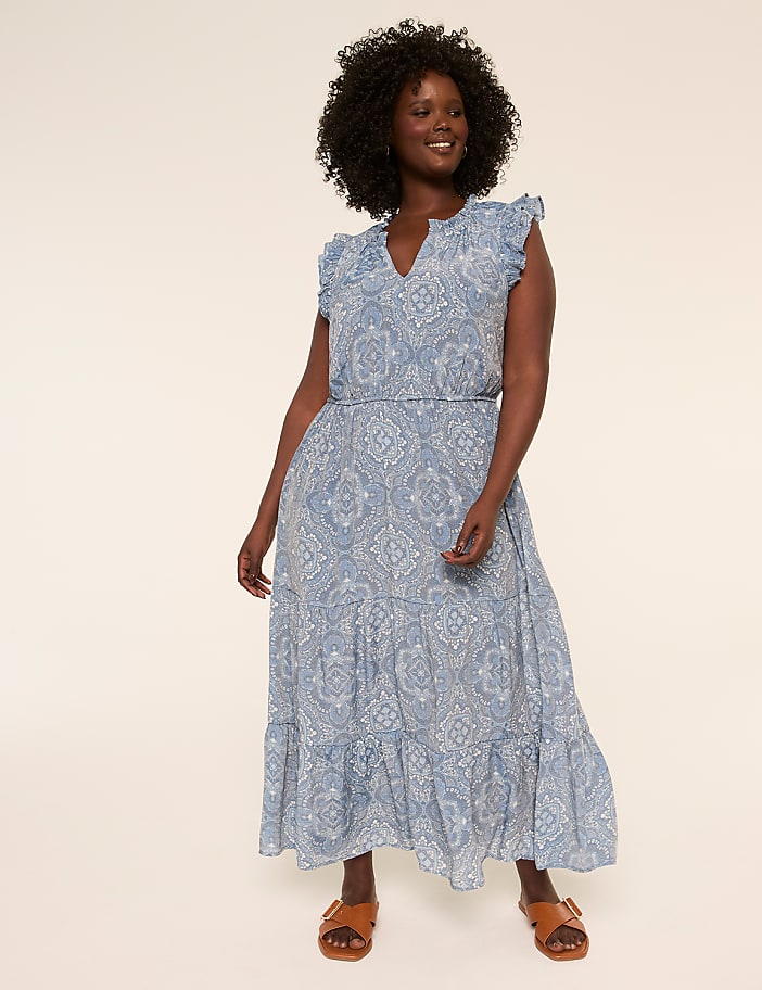 Flutter-Sleeve V-Neck Maxi Dress
