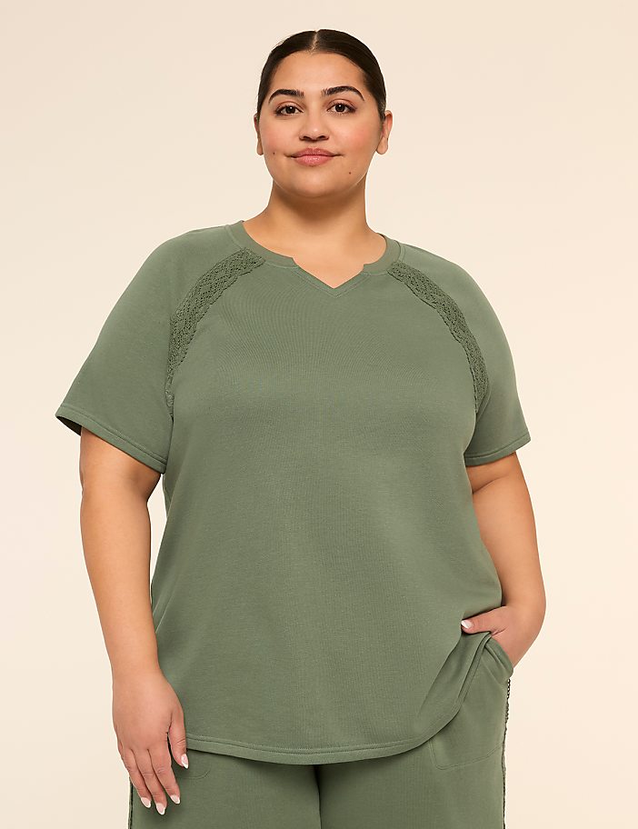 LIVI French Terry Elbow-Sleeve Crochet-Trim Sweatshirt