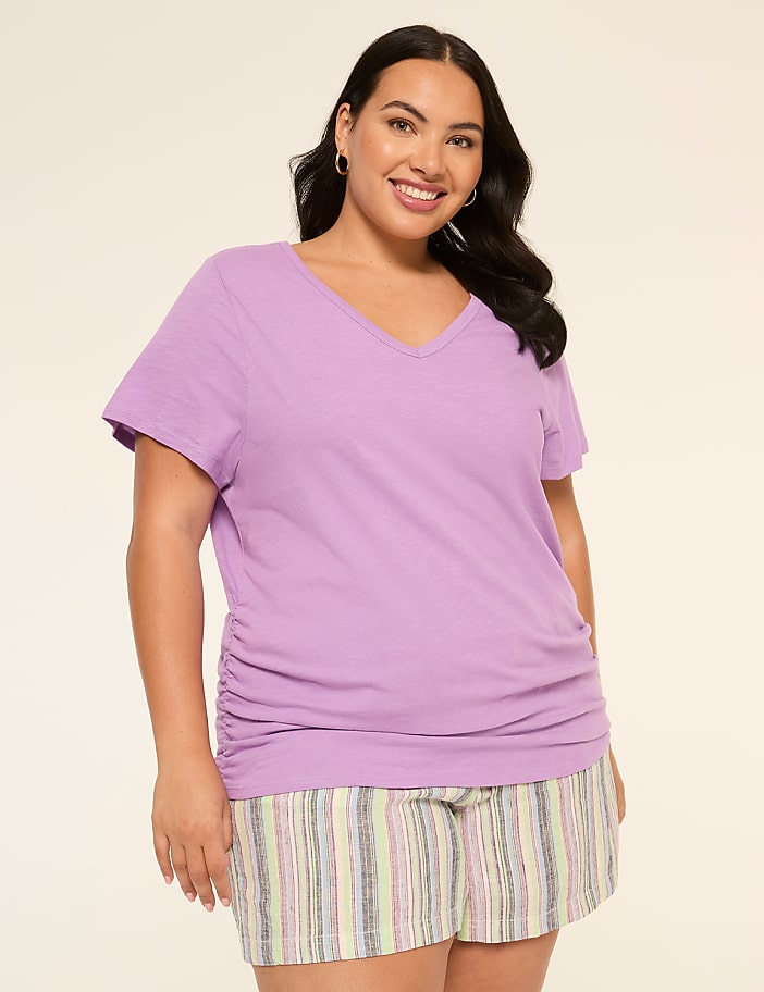 Short-Sleeve V-Neck Side-Ruched Tee