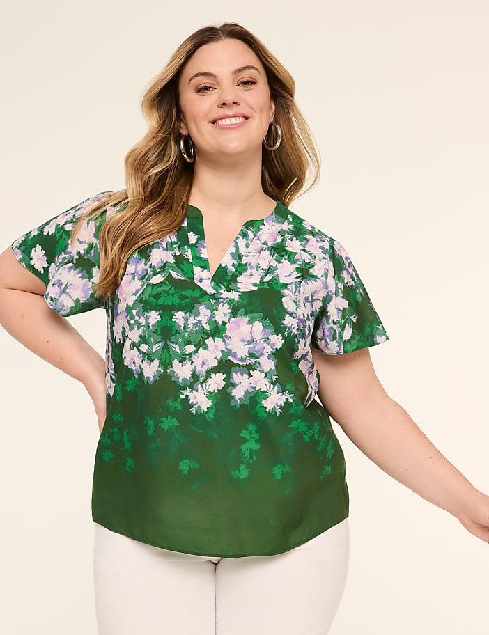 Flutter-Sleeve Split-Neck Popover Blouse