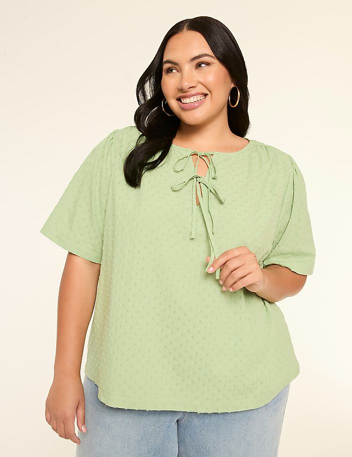 Short-Sleeve Tie-Neck Popover Blouse