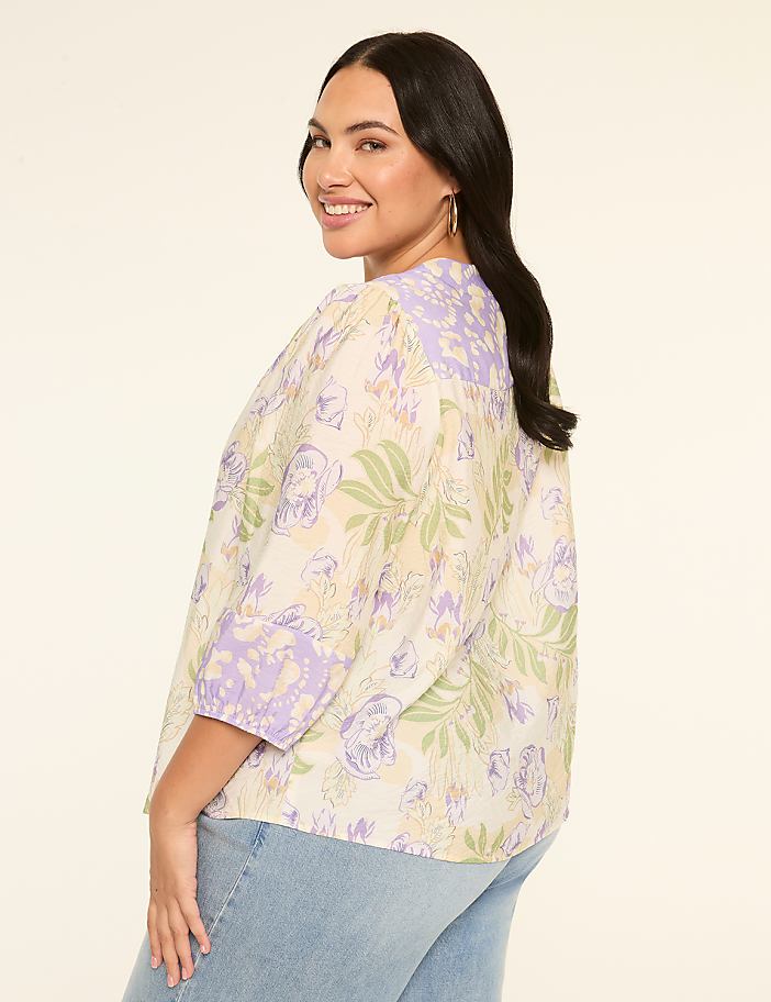 3/4-Sleeve Split-Neck Lace-Up Blouse