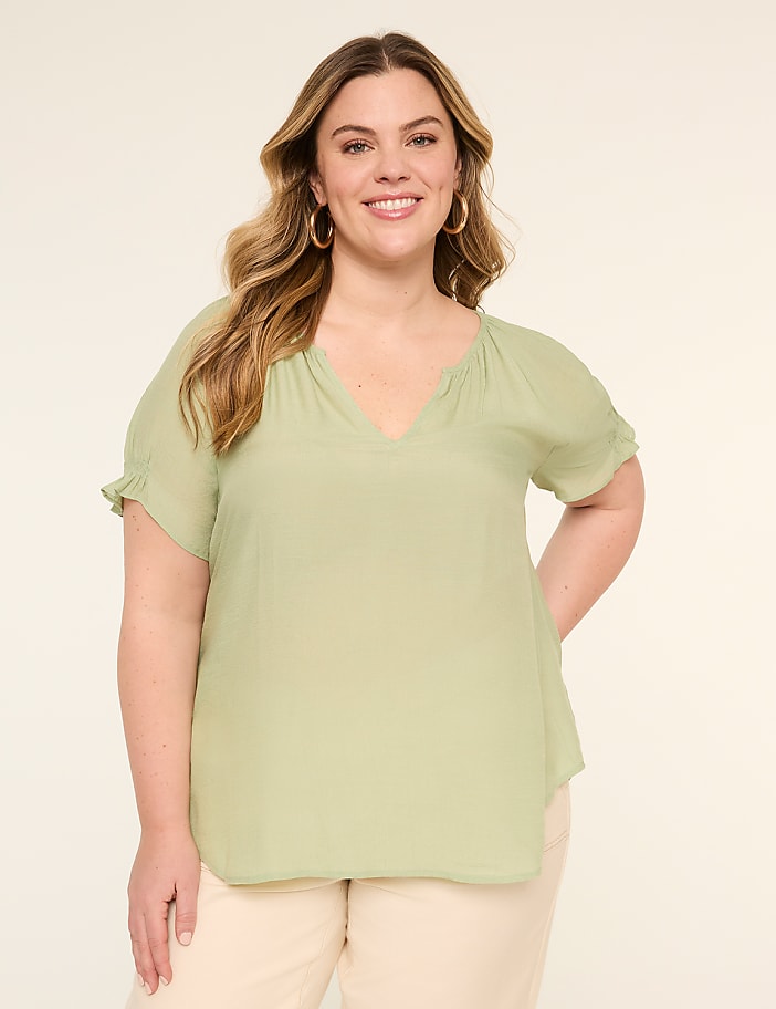 Short-Sleeve Notch-Neck Popover Blouse