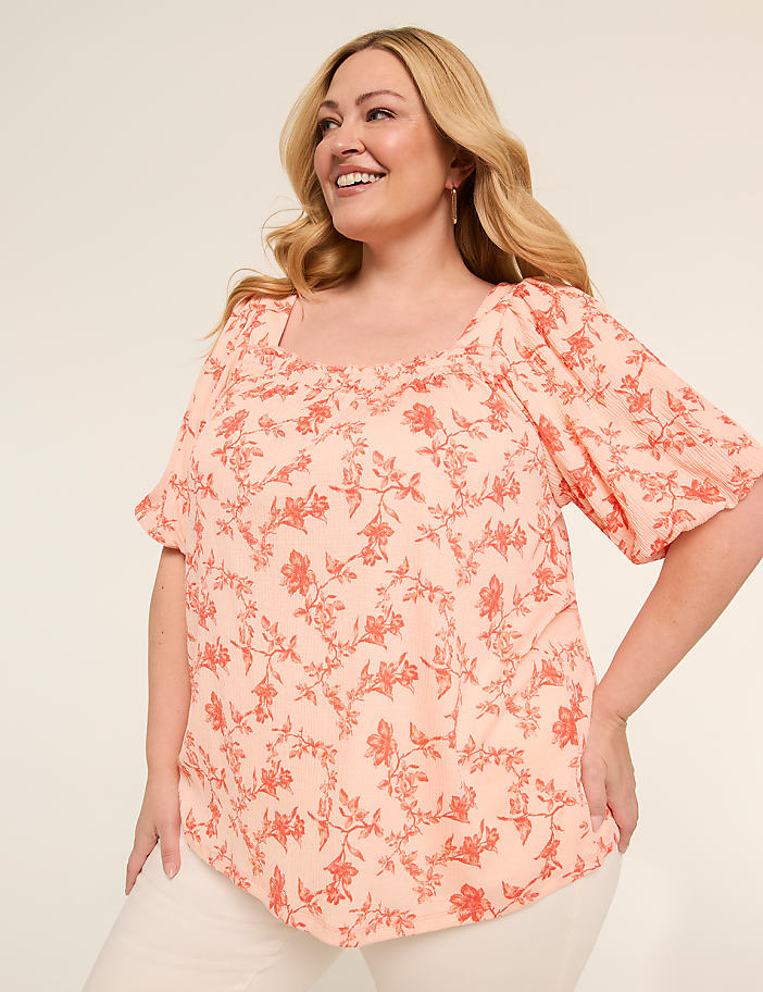 Gauze Bubble-Sleeve Square-Neck Top