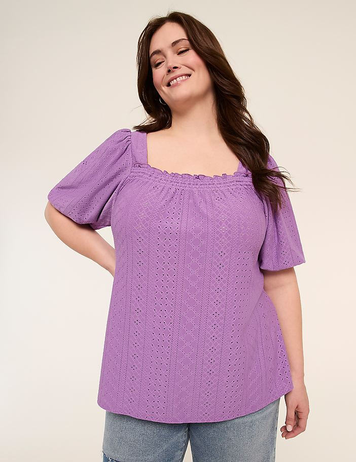 Knit Eyelet Bubble-Sleeve Top