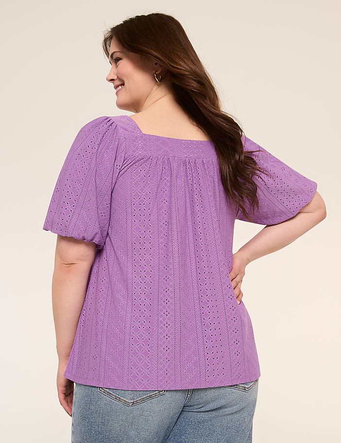 Knit Eyelet Bubble-Sleeve Top
