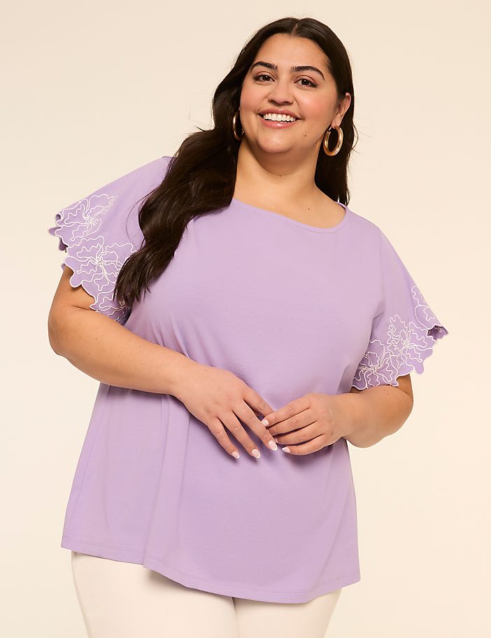 Embroidered Short-Sleeve Boat-Neck Top