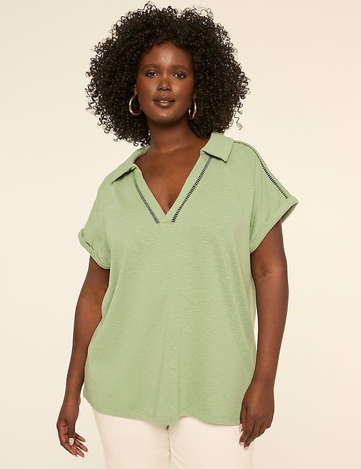 Dolman-Sleeve Collared V-Neck Top