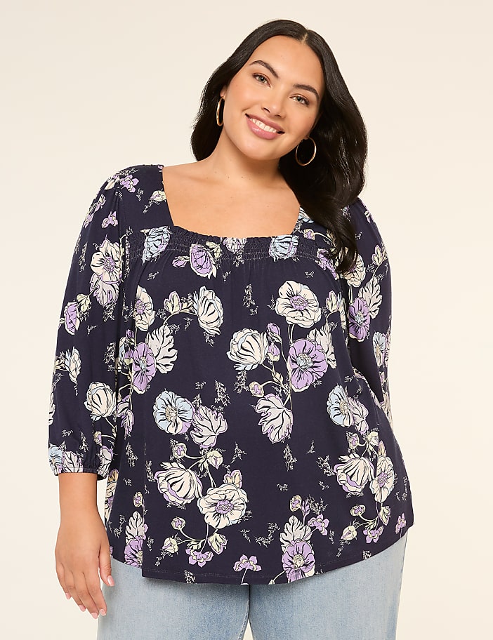 3/4 Blouson-Sleeve Smocked Square-Neck Blouse
