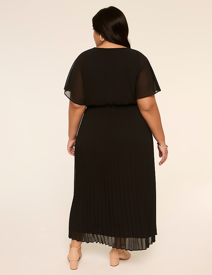 Pleated-Skirt Faux-Wrap Maxi Dress
