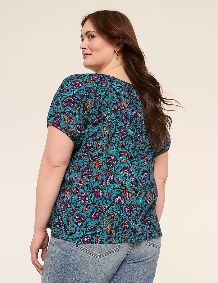 Crew-Neck Puff-Sleeve Crinkle Top