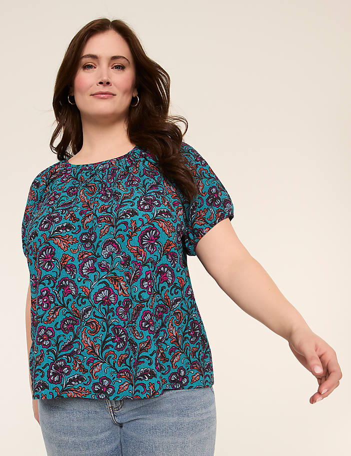 Crew-Neck Puff-Sleeve Crinkle Top