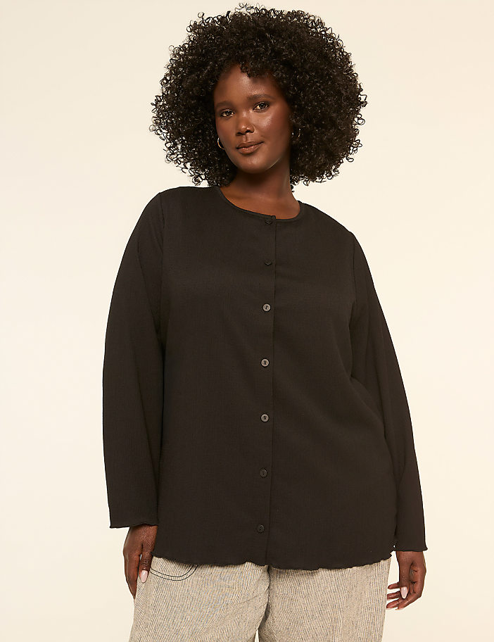 Crinkle Crew-Neck Button-Front Cardigan