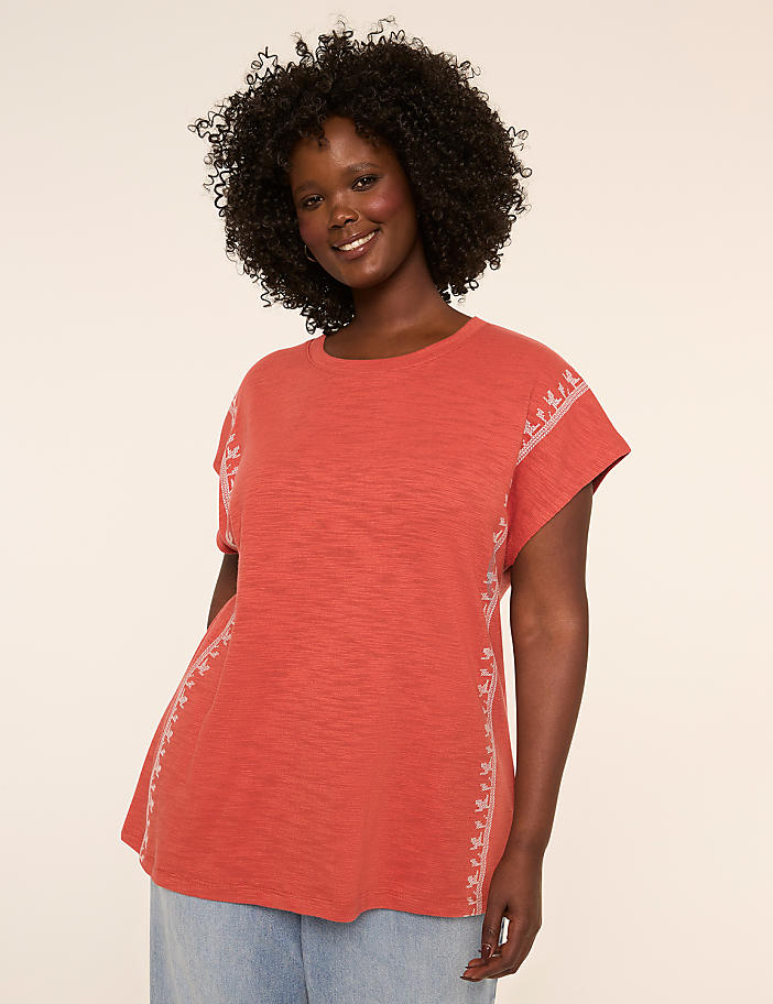 Embroidered Dolman-Sleeve Crew-Neck Top