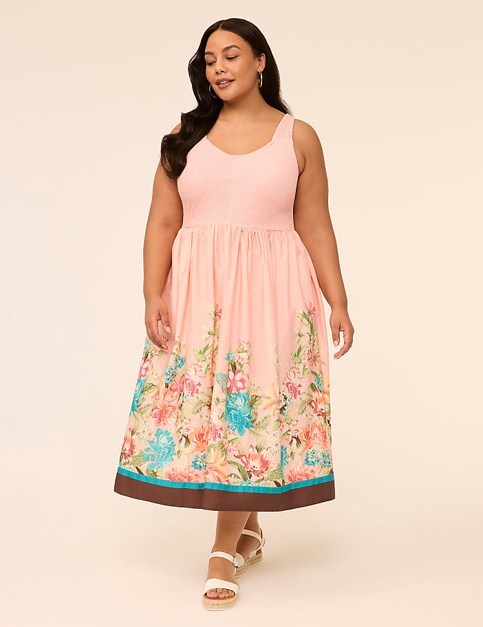 V-Neck Smocked-Bodice Midi Dress