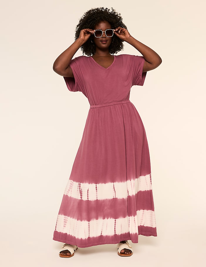 Dolman-Sleeve V-Neck Tie-Dye Dress